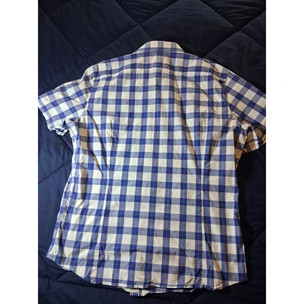 Banana Republic Mens Large Blue White Gingham Short Sleeve‎ Button Down Shirt
